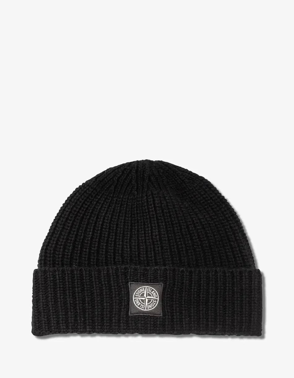 Stone Island Black Logo Patch Wool Beanie Hat
