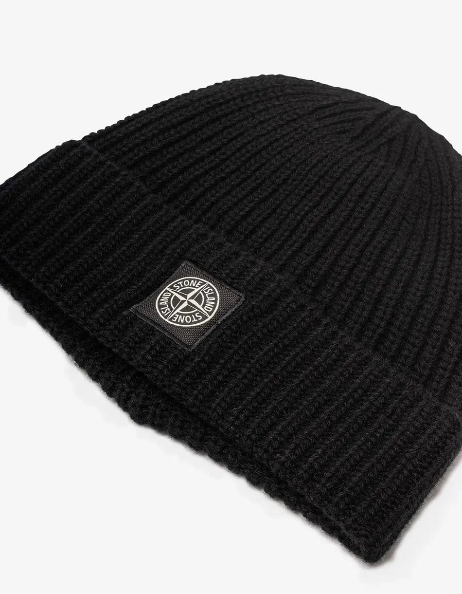 Stone Island Black Logo Patch Wool Beanie Hat