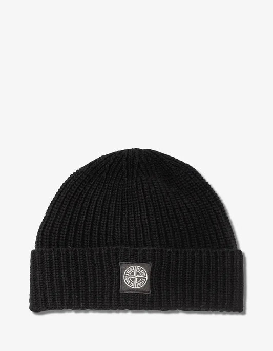 Stone Island Black Logo Patch Wool Beanie Hat